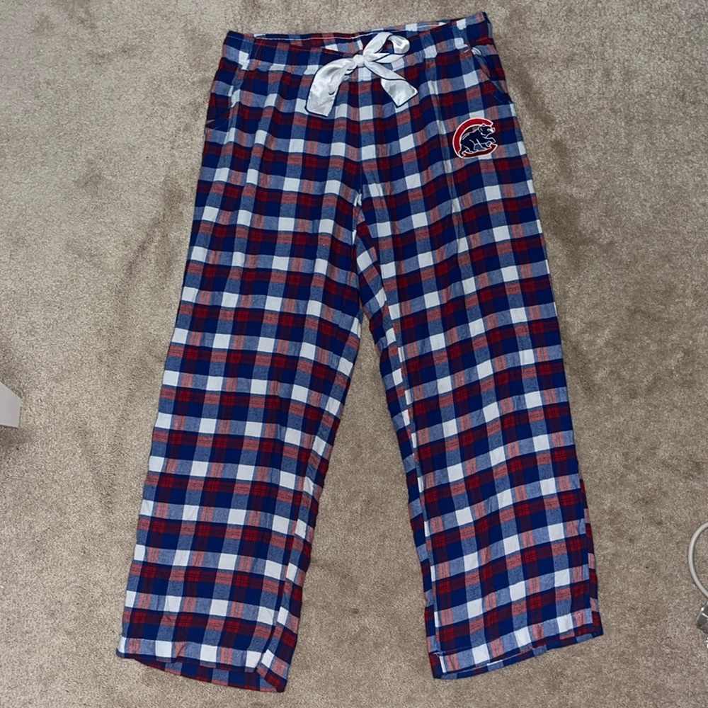 CHICAGO CUBS FLANNEL PLAID SLEEP PAJAMA PANTS WOMENS SIZE MEDIUM RED WHITE BLUE